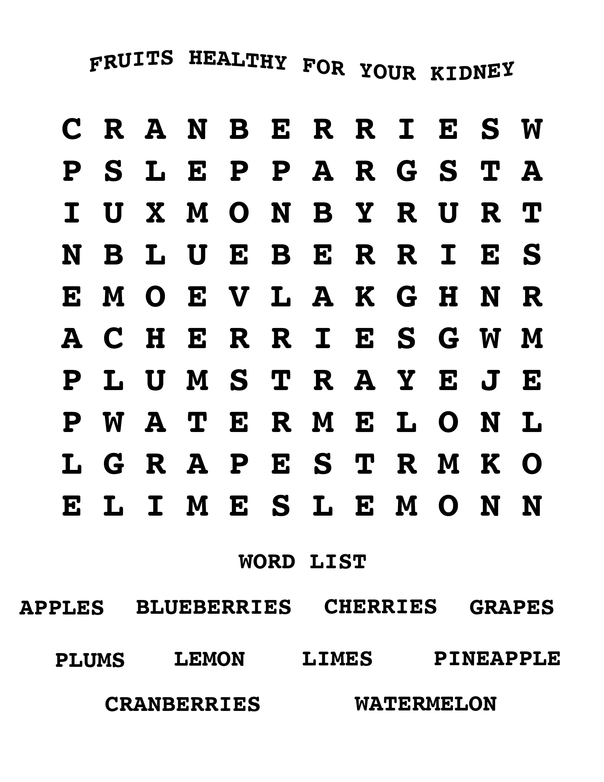 FRUITS HEALTHY FOR YOUR KIDNEY WORD SEARCH