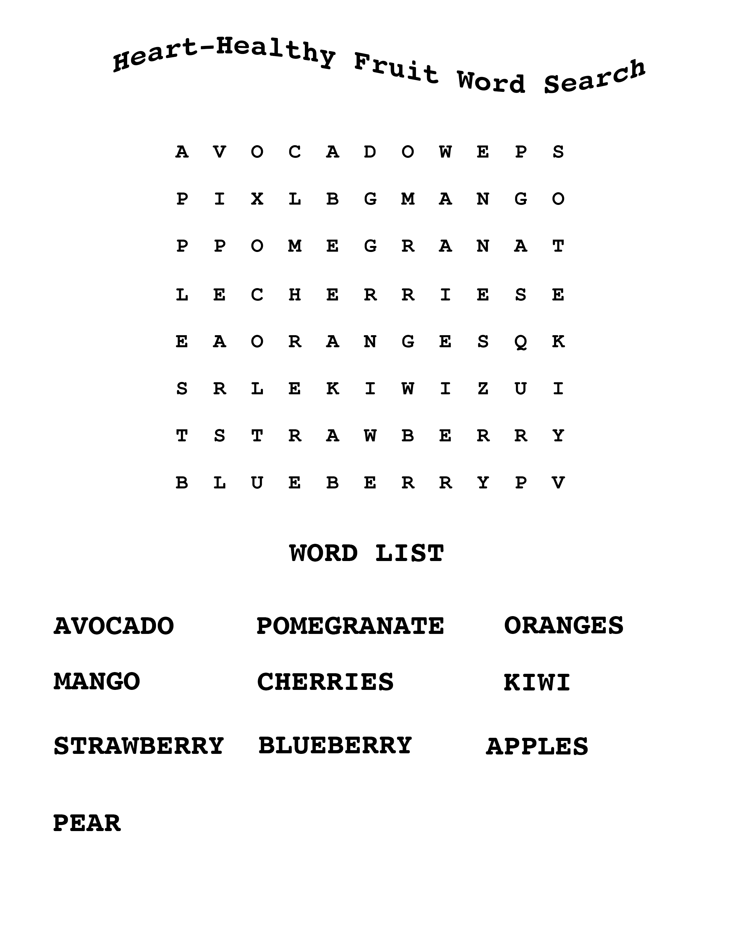 HEART HEALTHY FRUIT WORD SEARCH